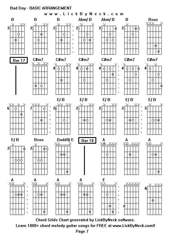 Chord Grids Chart of chord melody fingerstyle guitar song-Bad Day - BASIC ARRANGEMENT,generated by LickByNeck software.